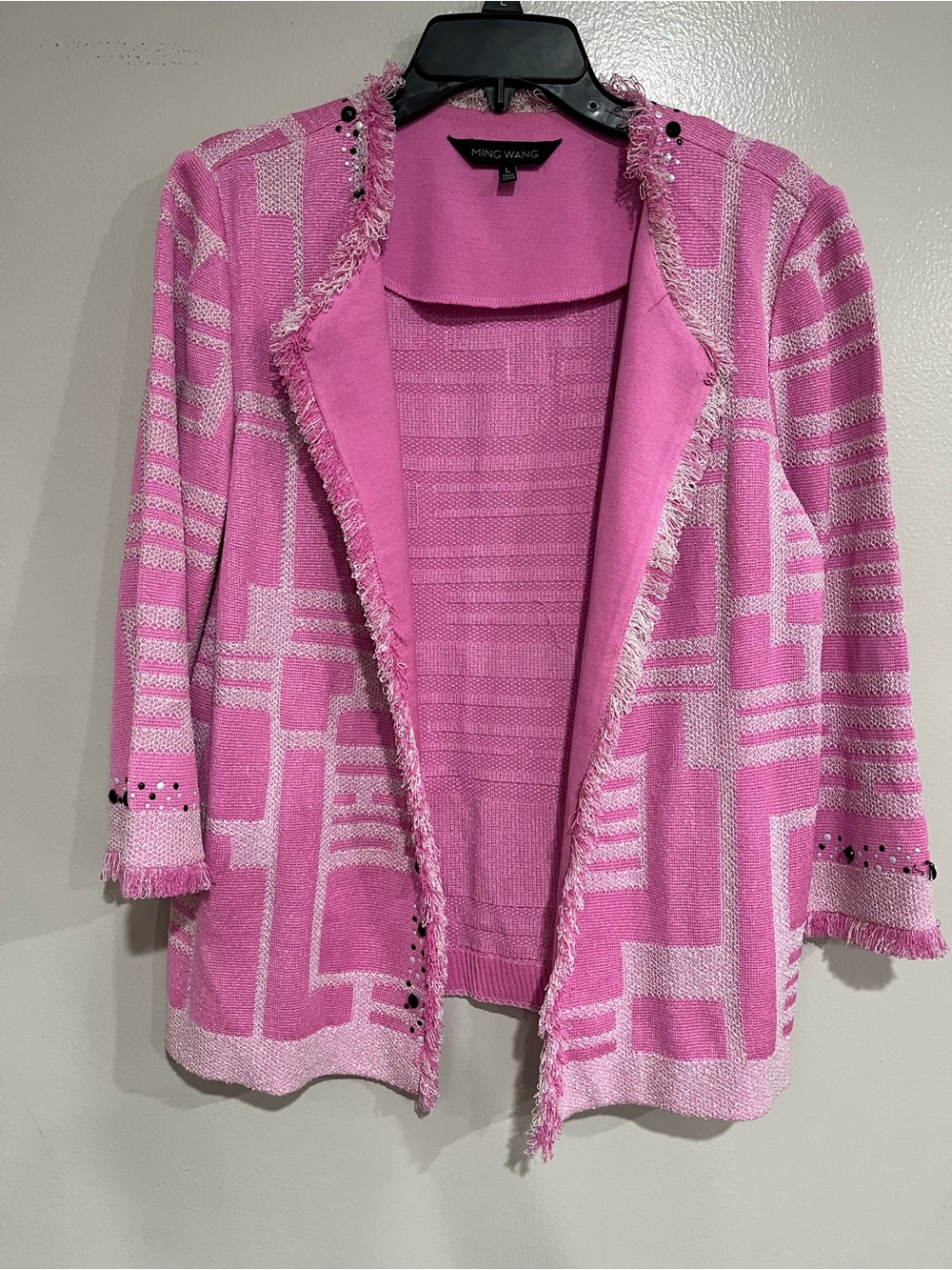 MING WANG Pink Abstract Graphic Knit Fringe Open Jacket Blazer Sz XL